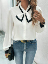 Contrast Binding Tie Neck Lantern Sleeve Blouse